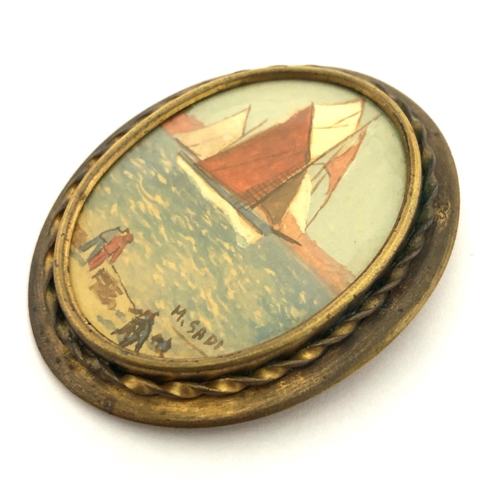 Antique Painting Brooch Sailboat Scene Early 1900s - Picture 2 of 7